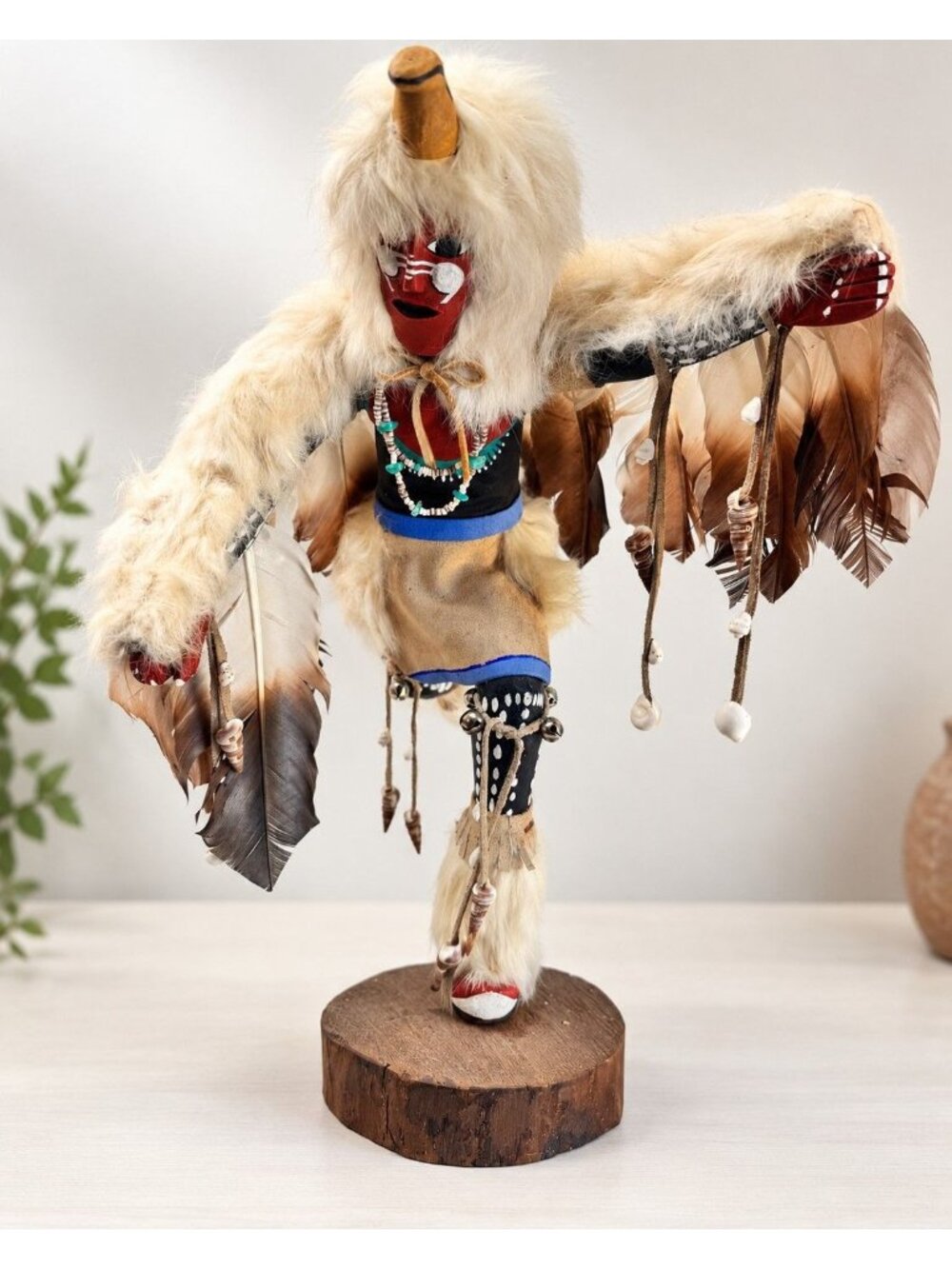 Vintage Navajo Eagle Dancer Figure Signed ML 16" Feathers Beads Folk Art